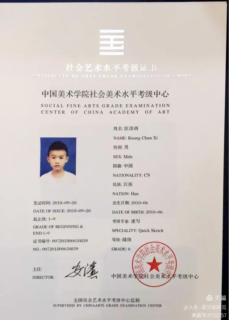 中国美术学院考级中心-阳光艺术学校美术考级证书